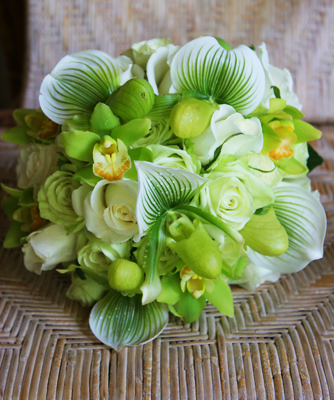green brides bouquet with lady slippers and Hawaiian grown green orchids