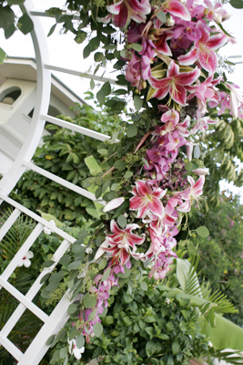 maui wedding arch heaped with pink star gazer lilies