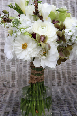 Rustic white bouquet with blossom branches