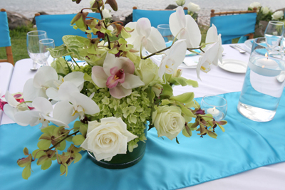 white and green flowers with blue runner