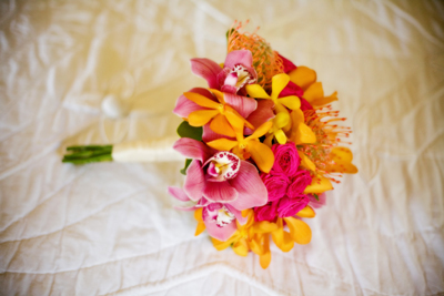 yellow and pink bridemaids bouquet maui