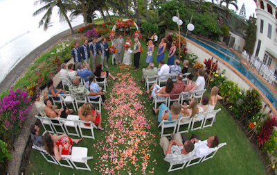 pink rose petal path for a maui wedding