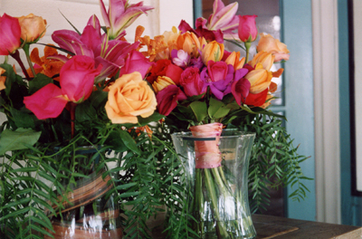 Maui bride: colorful bouquet withorange, pink and purple