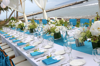 Blue accents on the dinner table